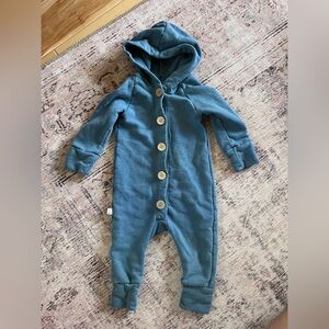 Childhood clothing, baby romper, full button up with hood blue size 6 to 12 mo